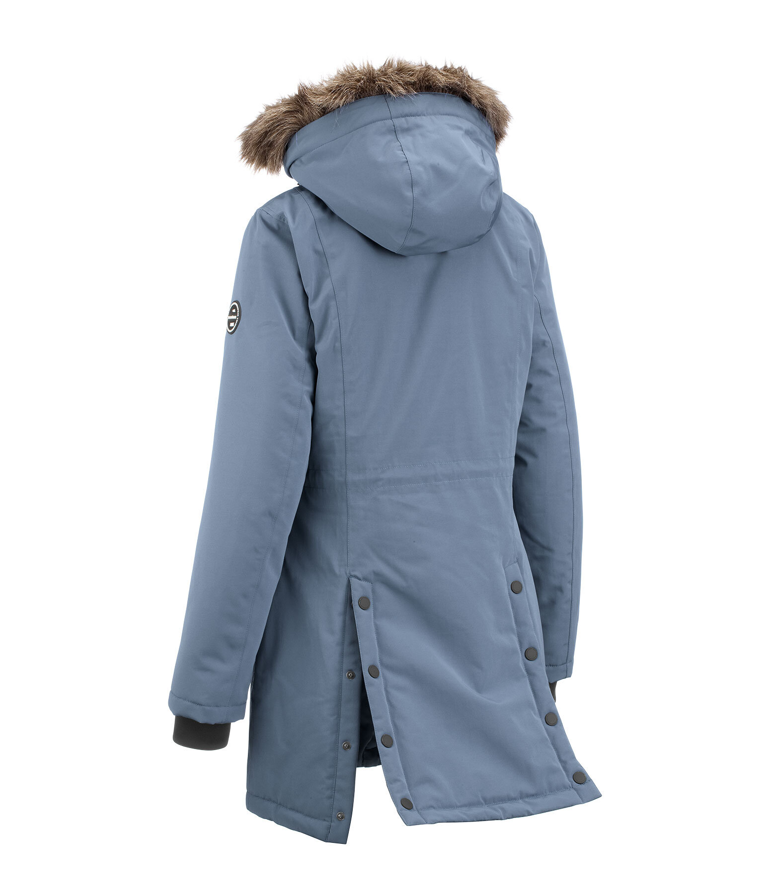 Extrem warmer und langer Winter-Reitparka mit hoher, verstellbarer und per RV abnehmbarer Kapuze, die mit einem per RV abnehmbar