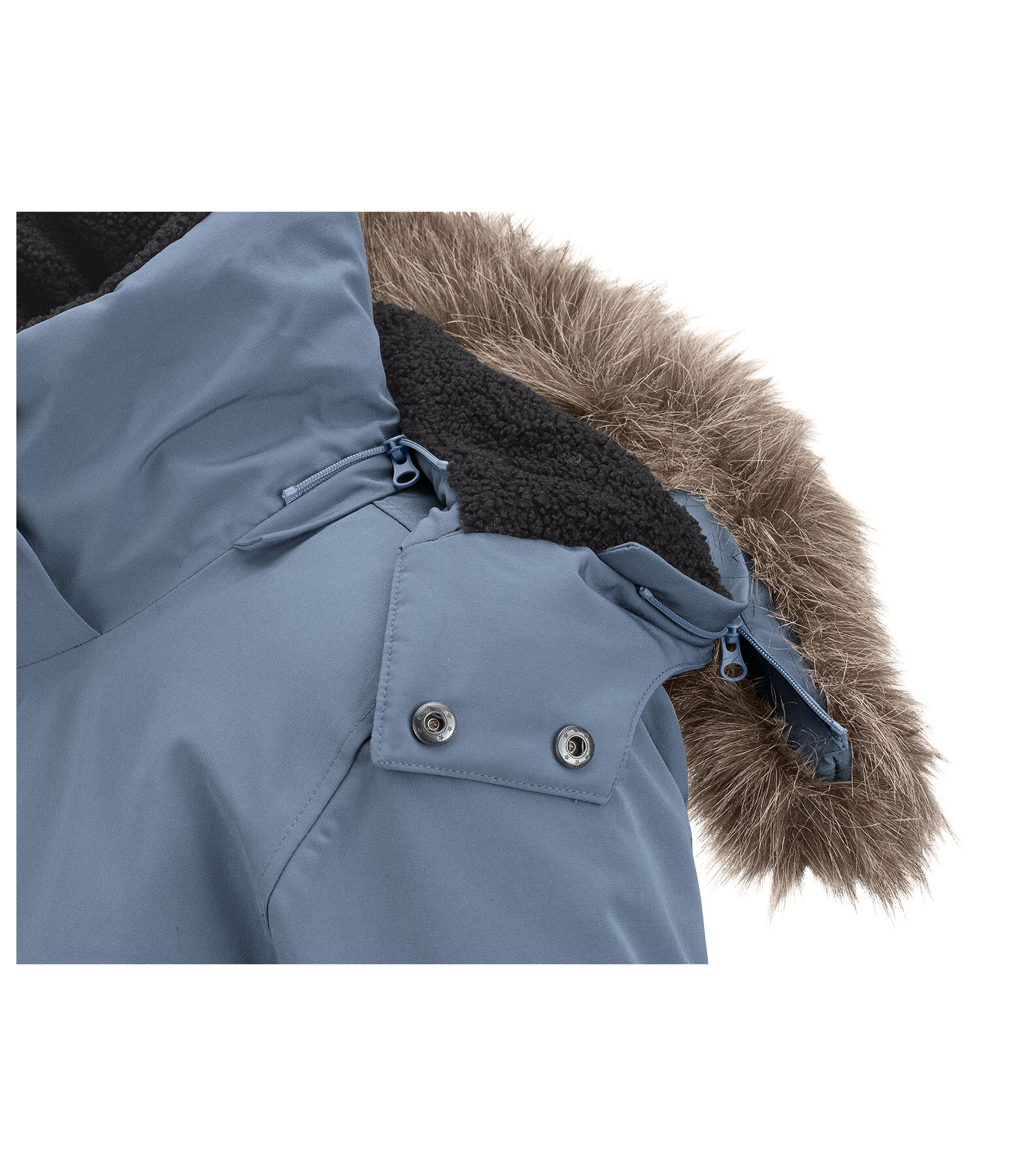 Extrem warmer und langer Winter-Reitparka mit hoher, verstellbarer und per RV abnehmbarer Kapuze, die mit einem per RV abnehmbar