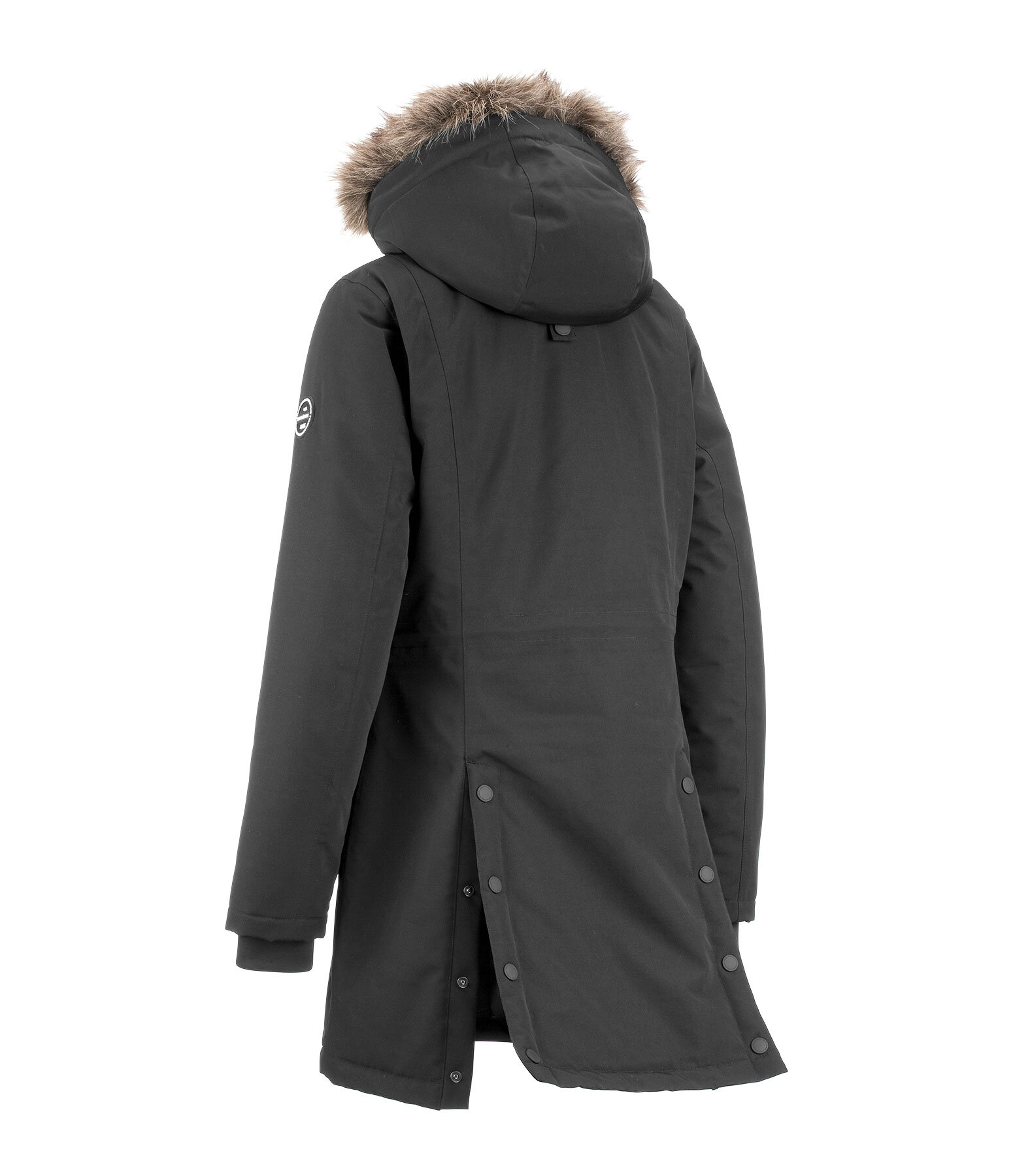 Extrem warmer und langer Winter-Reitparka mit hoher, verstellbarer und per RV abnehmbarer Kapuze, die mit einem per RV abnehmbar