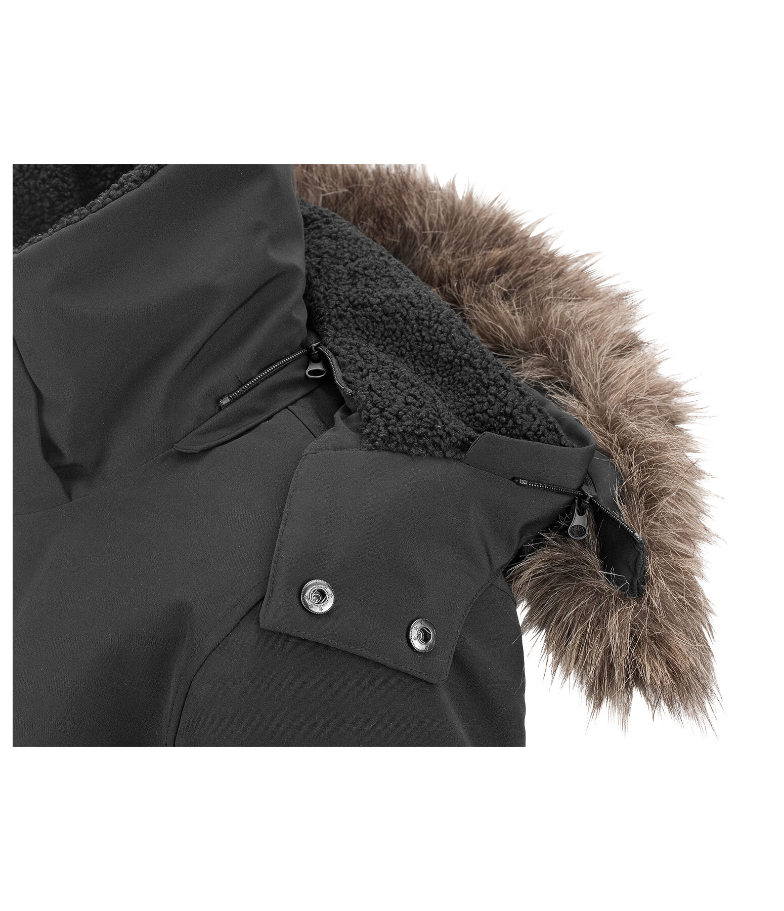 Extrem warmer und langer Winter-Reitparka mit hoher, verstellbarer und per RV abnehmbarer Kapuze, die mit einem per RV abnehmbar