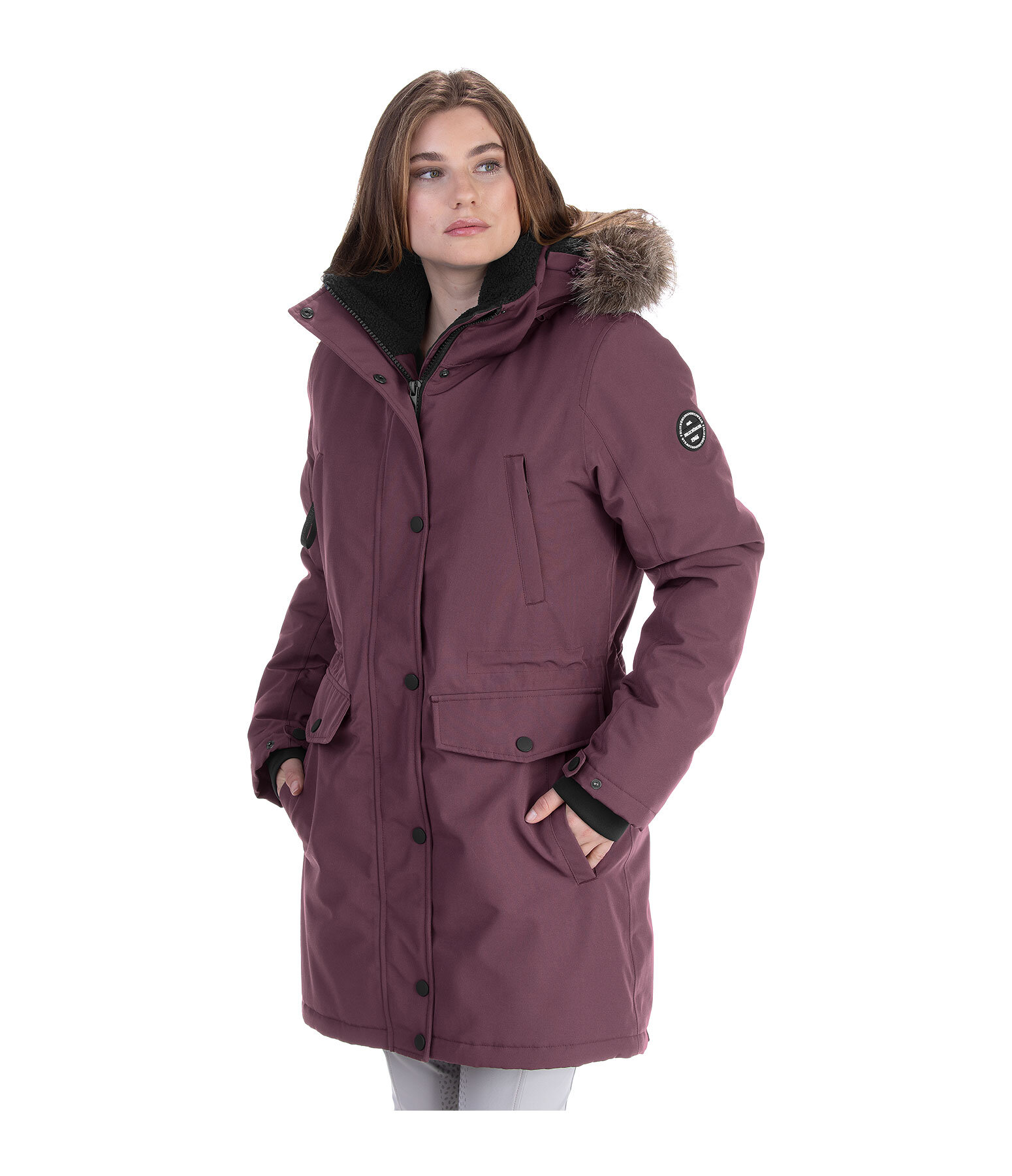 Extrem warmer und langer Winter-Reitparka mit hoher, verstellbarer und per RV abnehmbarer Kapuze, die mit einem per RV abnehmbar