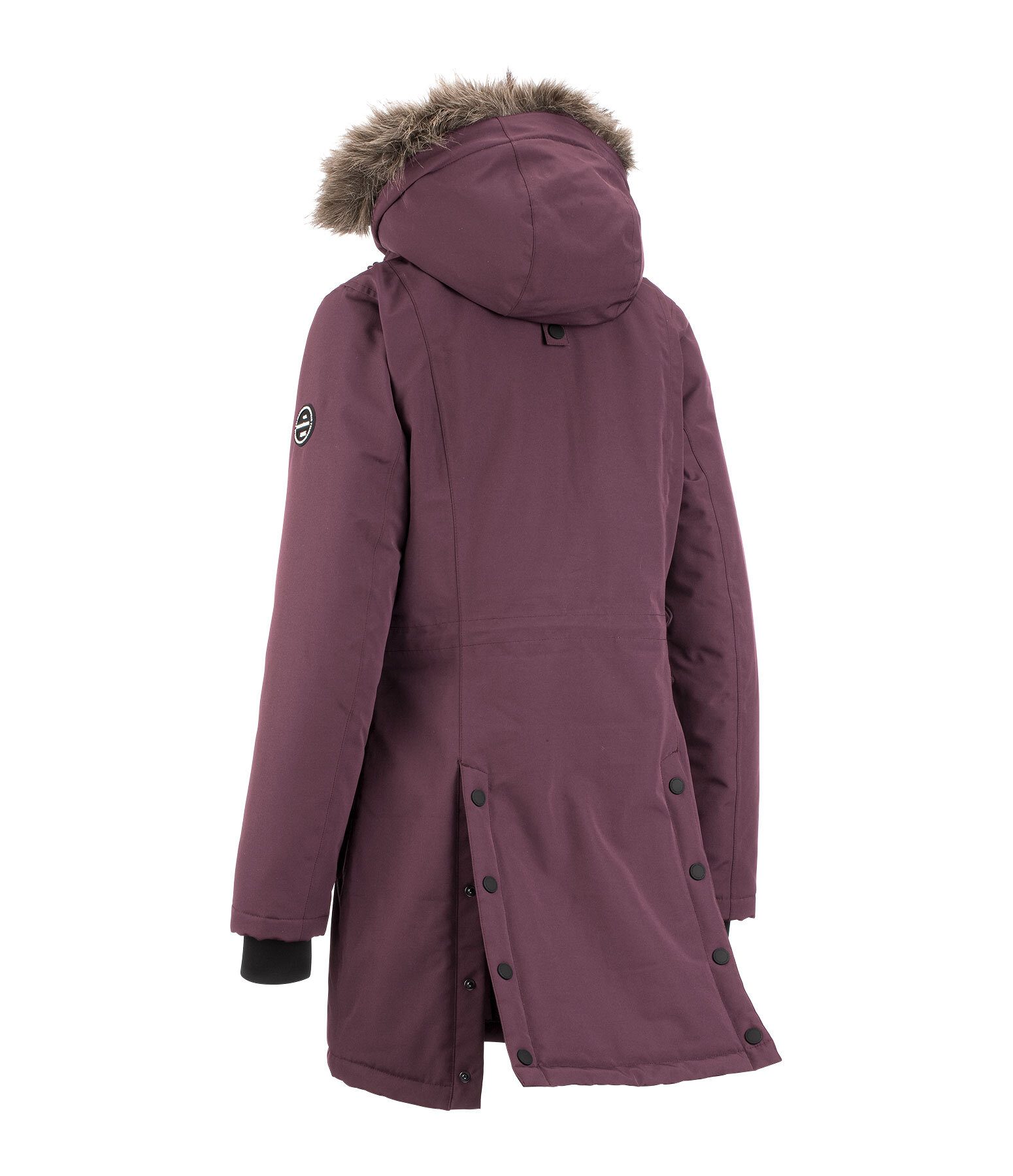 Extrem warmer und langer Winter-Reitparka mit hoher, verstellbarer und per RV abnehmbarer Kapuze, die mit einem per RV abnehmbar